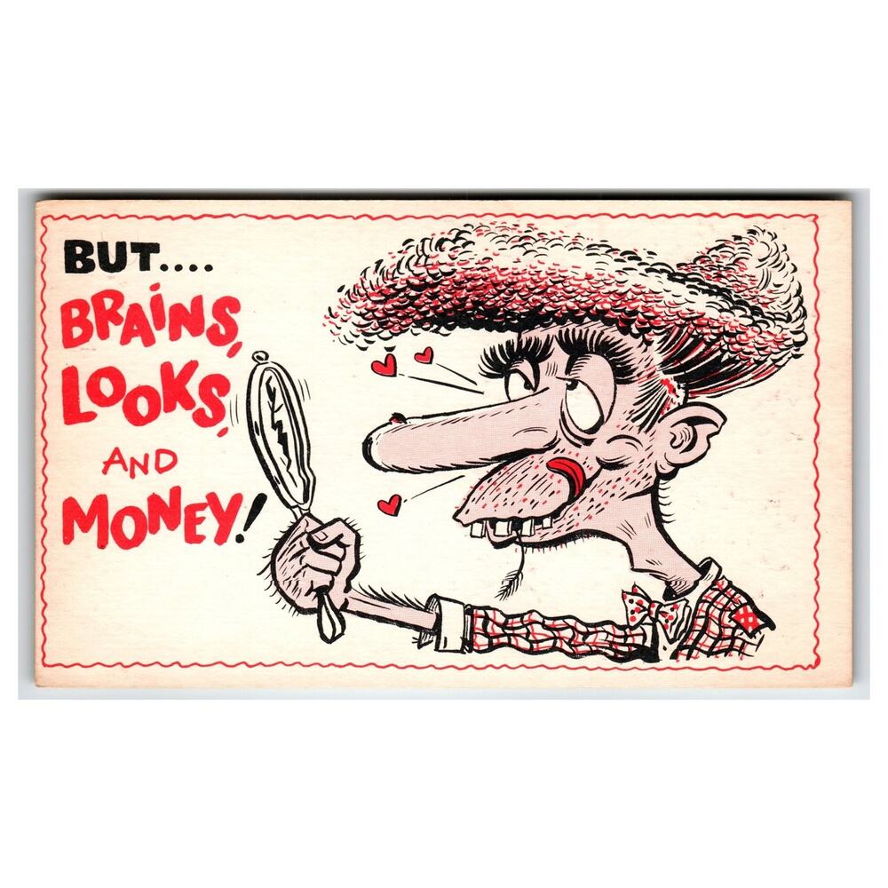Vintage CVC Cartoon Comic Valentine Postcard Brains Looks Money